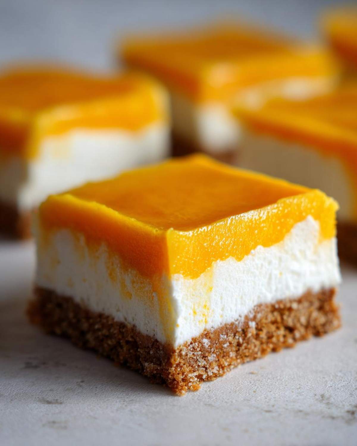 A single, square portion of No-Bake Orange Creamsicle Cheesecake Bars showing graham cracker crust, white filling, and orange topping.