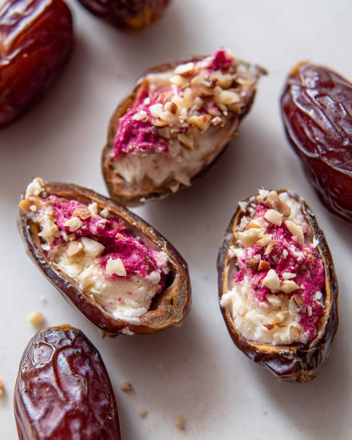 Close-up of No-Bake Strawberry Cheesecake Stuffed Dates filled with cream and topped with nuts.