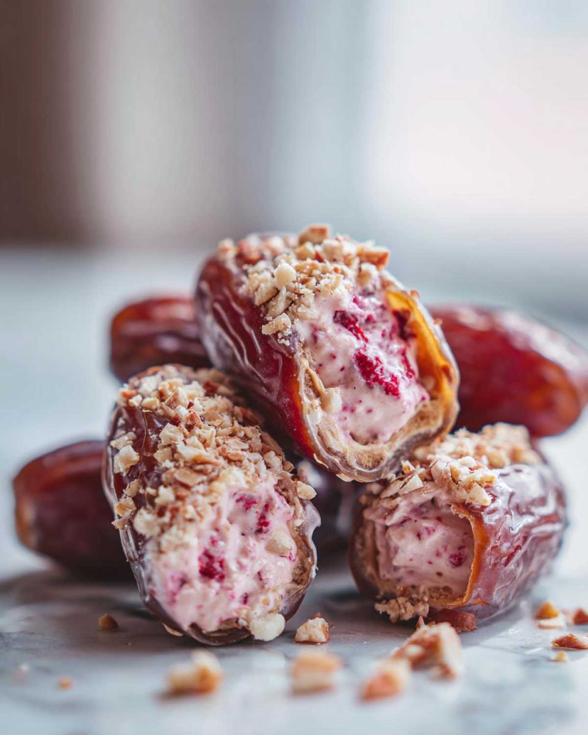 Close-up of No-Bake Strawberry Cheesecake Stuffed Dates topped with chopped nuts.