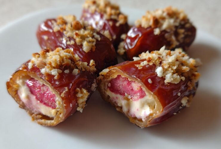 Close-up of No-Bake Strawberry Cheesecake Stuffed Dates, showing the creamy filling and crunchy topping.