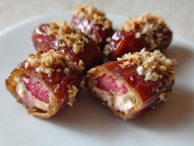 Close-up of No-Bake Strawberry Cheesecake Stuffed Dates, showing the creamy filling and crunchy topping.