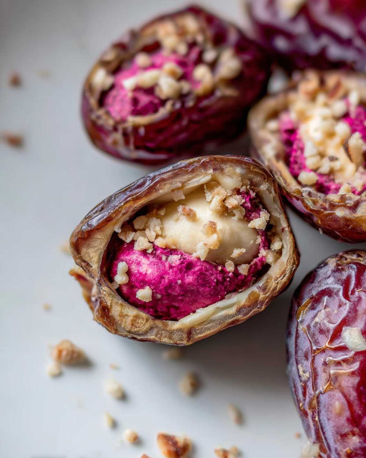 Close-up of a No-Bake Strawberry Cheesecake Stuffed Dates, showing creamy filling and nut topping.