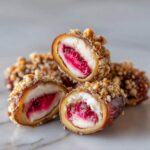 Close-up of No-Bake Strawberry Cheesecake Stuffed Dates, cut open to show creamy filling and strawberry center, rolled in nuts.