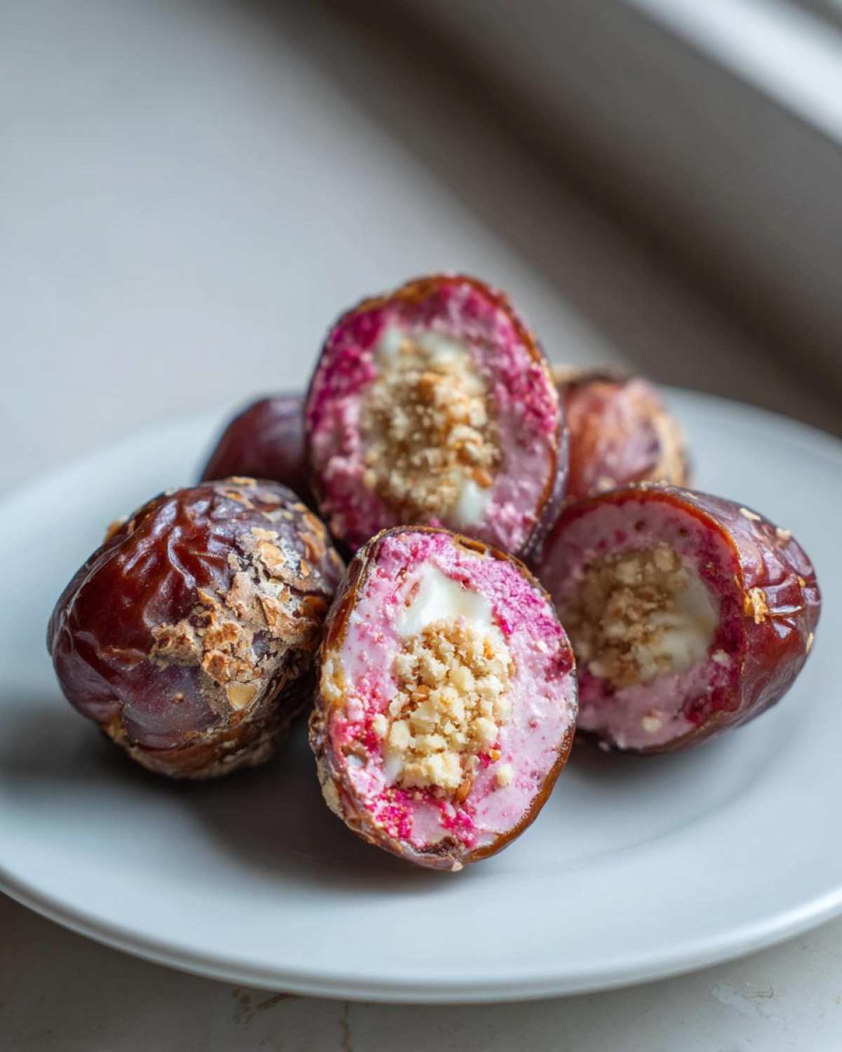 Close-up of halved No-Bake Strawberry Cheesecake Stuffed Dates showing pink filling and crumb topping on a white plate.
