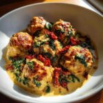 Close-up of One-Pan Creamy Garlic Butter Chicken Meatballs served in a white bowl with spinach and sun-dried tomatoes.
