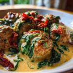 Close-up of One-Pan Creamy Garlic Butter Chicken Meatballs with spinach and sun-dried tomatoes.