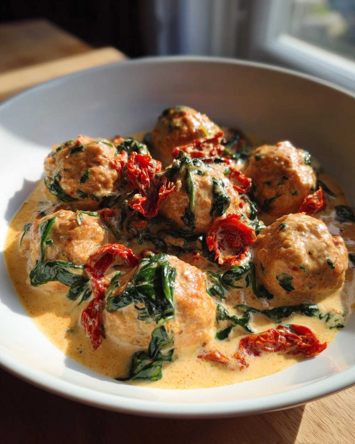 Close-up of One-Pan Creamy Garlic Butter Chicken Meatballs served in a white bowl with spinach and sun-dried tomatoes.