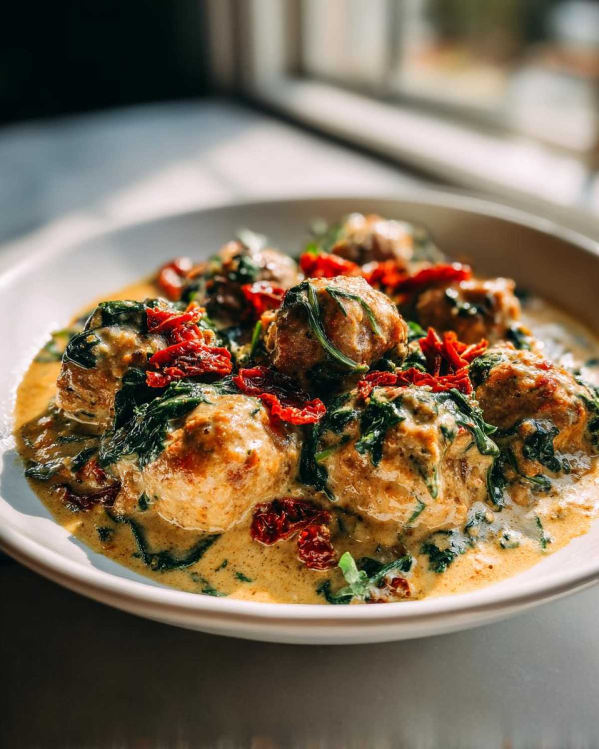 A bowl of One-Pan Creamy Garlic Butter Chicken Meatballs topped with spinach and sun-dried tomatoes.