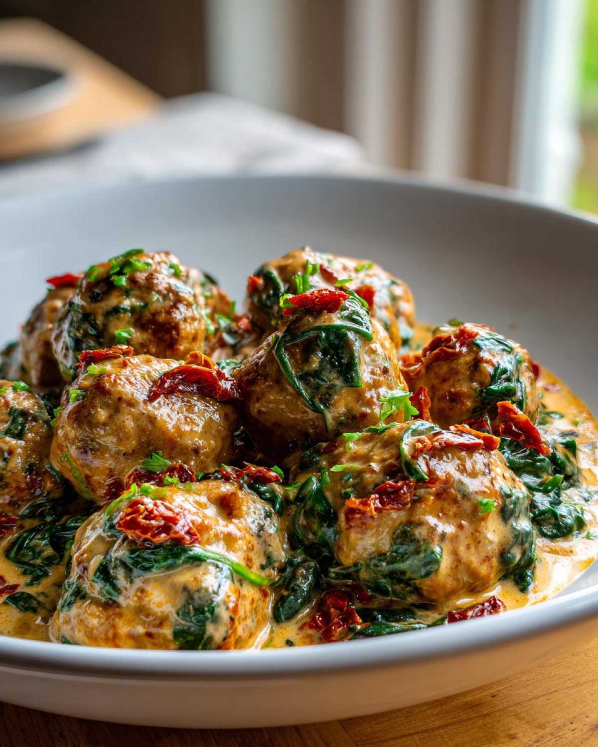 Close-up of One-Pan Creamy Garlic Butter Chicken Meatballs coated in a rich sauce with spinach and sun-dried tomatoes.