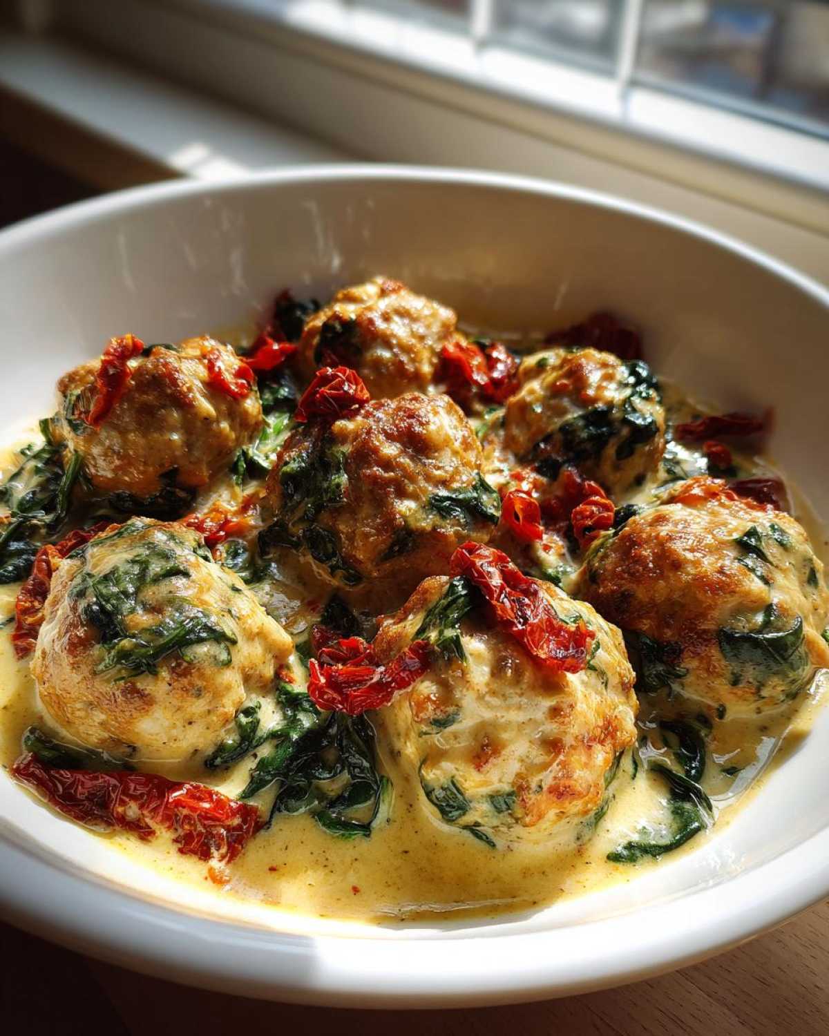 Close-up of One-Pan Creamy Garlic Butter Chicken Meatballs served with spinach and sun-dried tomatoes in a rich sauce.