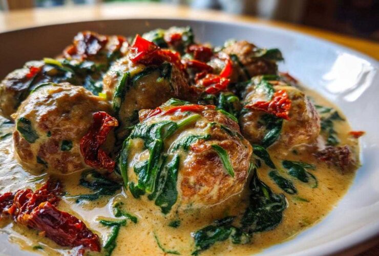 Close-up of One-Pan Creamy Garlic Butter Chicken Meatballs with spinach and sun-dried tomatoes.