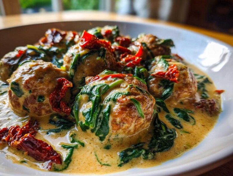Close-up of One-Pan Creamy Garlic Butter Chicken Meatballs with spinach and sun-dried tomatoes.