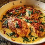 Three pan-seared One-Pan Creamy Garlic Butter Turkey Cutlets simmering in a rich, yellow cream sauce with spinach and sun-dried tomatoes.
