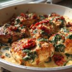 Close-up of One-Pan Creamy Garlic Butter Turkey Cutlets topped with spinach and sun-dried tomatoes in a rich sauce.