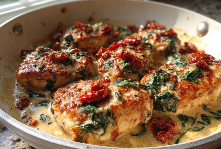 Close-up of One-Pan Creamy Garlic Butter Turkey Cutlets topped with spinach and sun-dried tomatoes in a rich sauce.