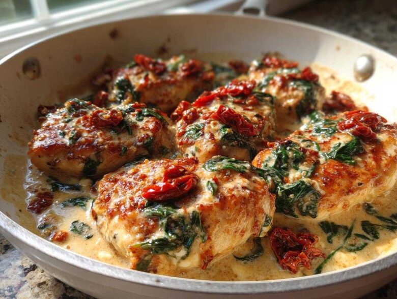 Close-up of One-Pan Creamy Garlic Butter Turkey Cutlets topped with spinach and sun-dried tomatoes in a rich sauce.