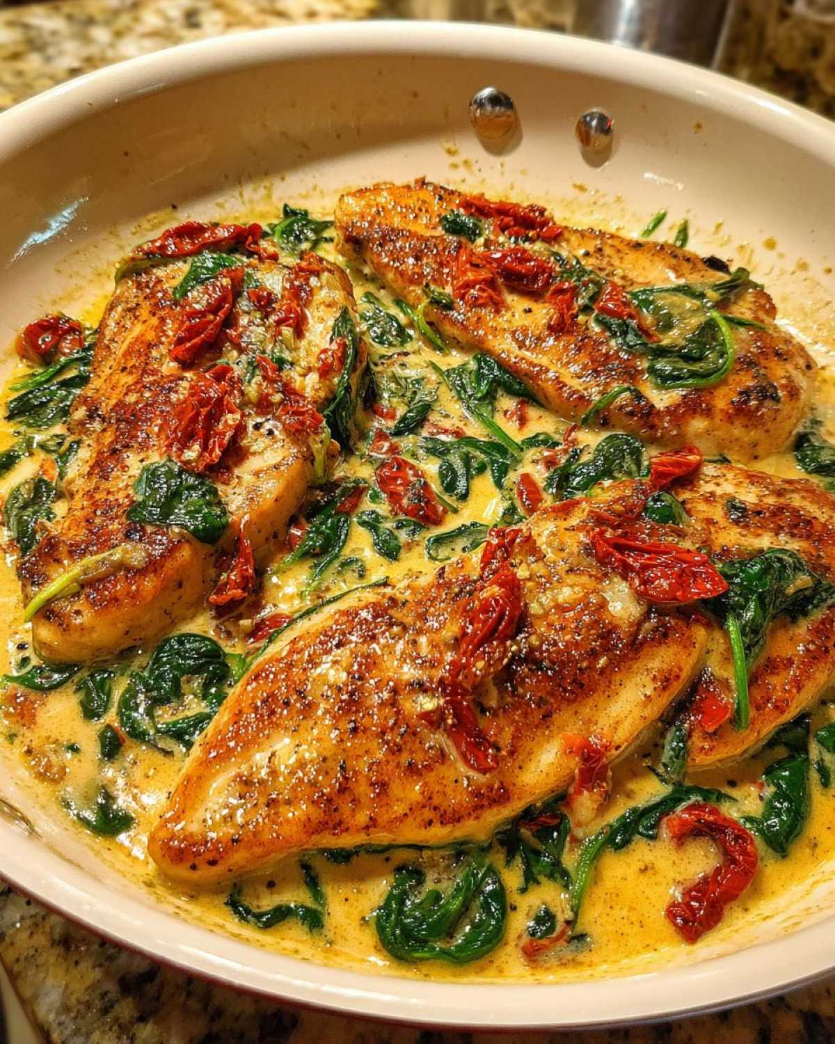 Three seared One-Pan Creamy Garlic Butter Turkey Cutlets simmering in a rich, creamy sauce with wilted spinach and sun-dried tomatoes.