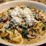 A close-up of One-Pot Creamy Spinach Mushroom Lasagna Soup topped with ricotta and parmesan cheese.