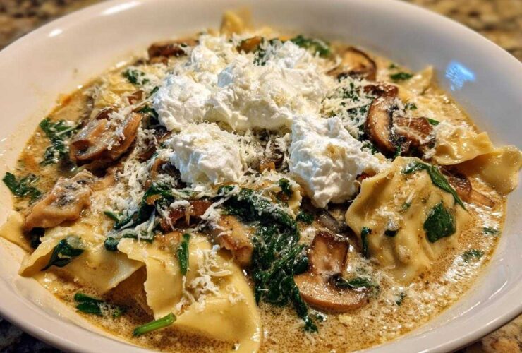 A close-up of One-Pot Creamy Spinach Mushroom Lasagna Soup topped with ricotta and parmesan cheese.
