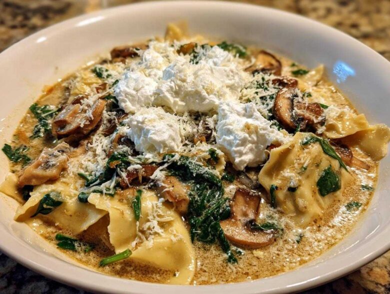 A close-up of One-Pot Creamy Spinach Mushroom Lasagna Soup topped with ricotta and parmesan cheese.