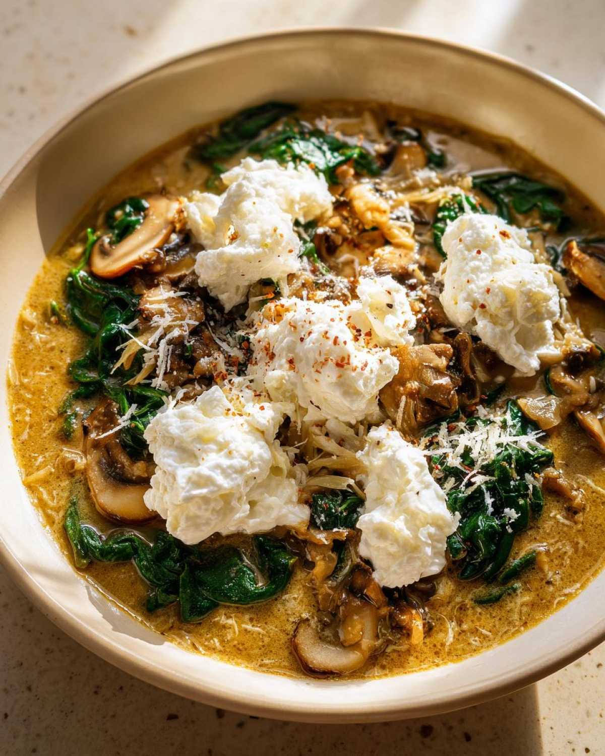 A close-up bowl of One-Pot Creamy Spinach Mushroom Lasagna Soup topped with dollops of ricotta and parmesan.