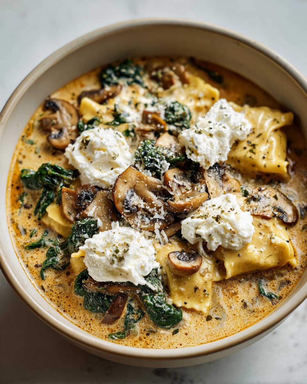 A close-up of One-Pot Creamy Spinach Mushroom Lasagna Soup topped with dollops of ricotta cheese and grated parmesan.
