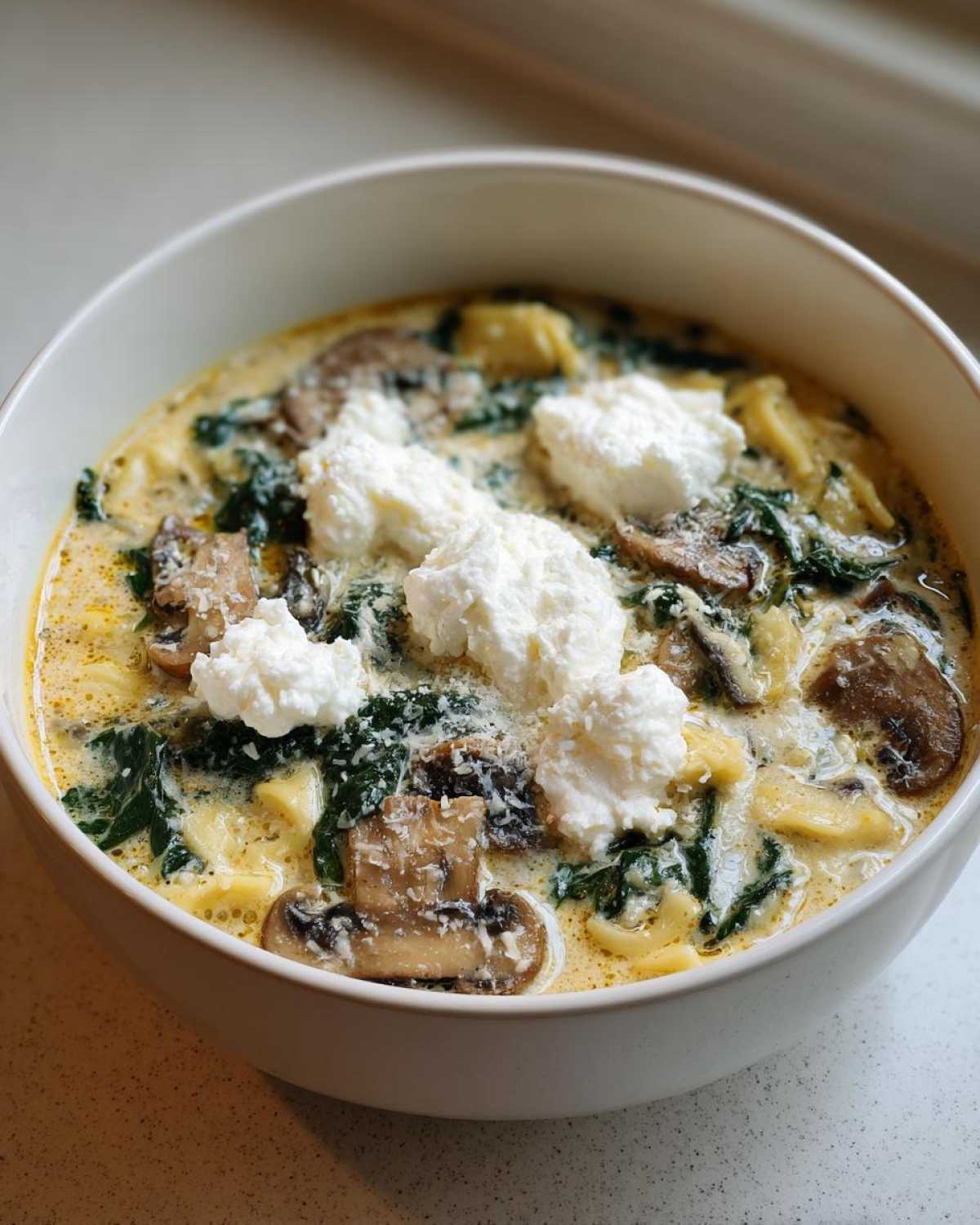 A close-up of One-Pot Creamy Spinach Mushroom Lasagna Soup topped with dollops of ricotta cheese.