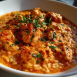 Close-up of One-Pot Creamy Tomato Basil Chicken and Rice, topped with fresh parsley.