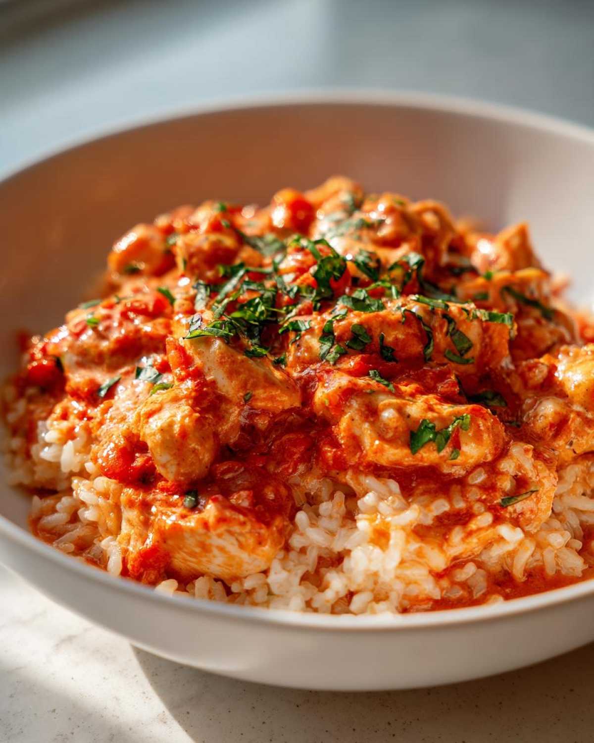 Close-up of a bowl filled with One-Pot Creamy Tomato Basil Chicken and Rice, topped with fresh basil.