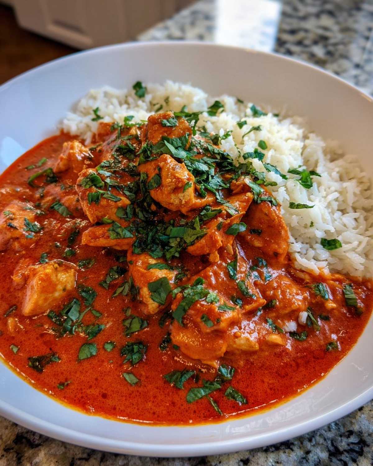 A white bowl filled with One-Pot Creamy Tomato Basil Chicken and Rice, garnished with fresh herbs.