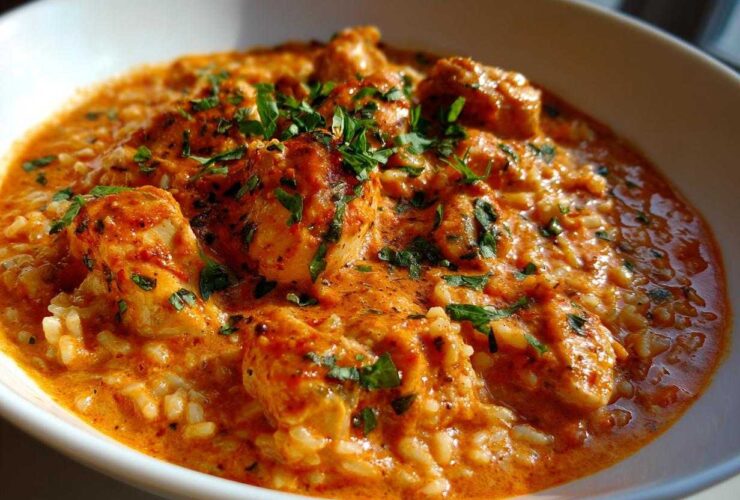 Close-up of One-Pot Creamy Tomato Basil Chicken and Rice, topped with fresh parsley.