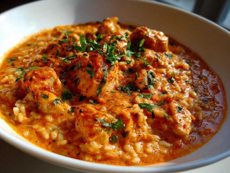 Close-up of One-Pot Creamy Tomato Basil Chicken and Rice, topped with fresh parsley.