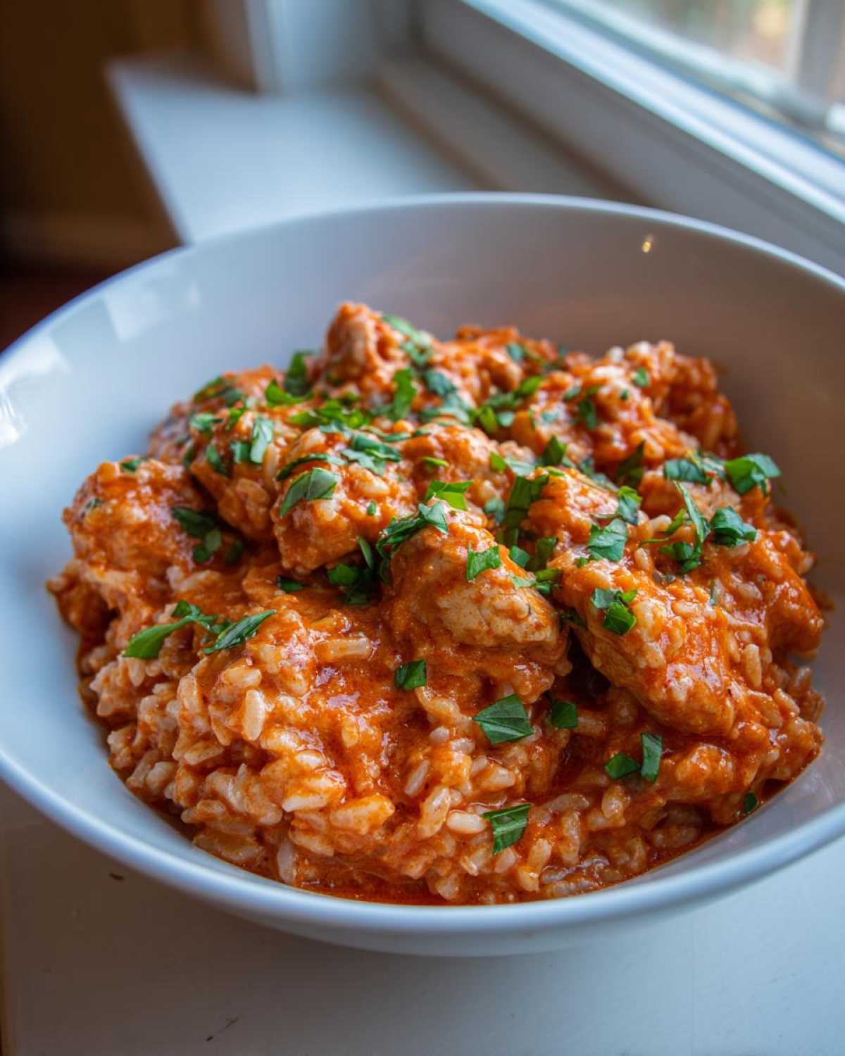 A white bowl filled with One-Pot Creamy Tomato Basil Chicken and Rice, topped with fresh green herbs.