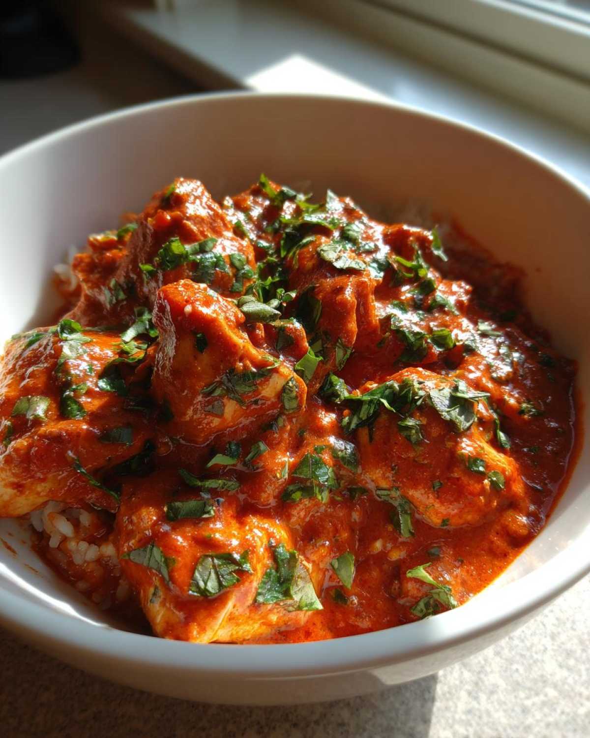 Close-up of One-Pot Creamy Tomato Basil Chicken and Rice served in a white bowl, topped with fresh basil.