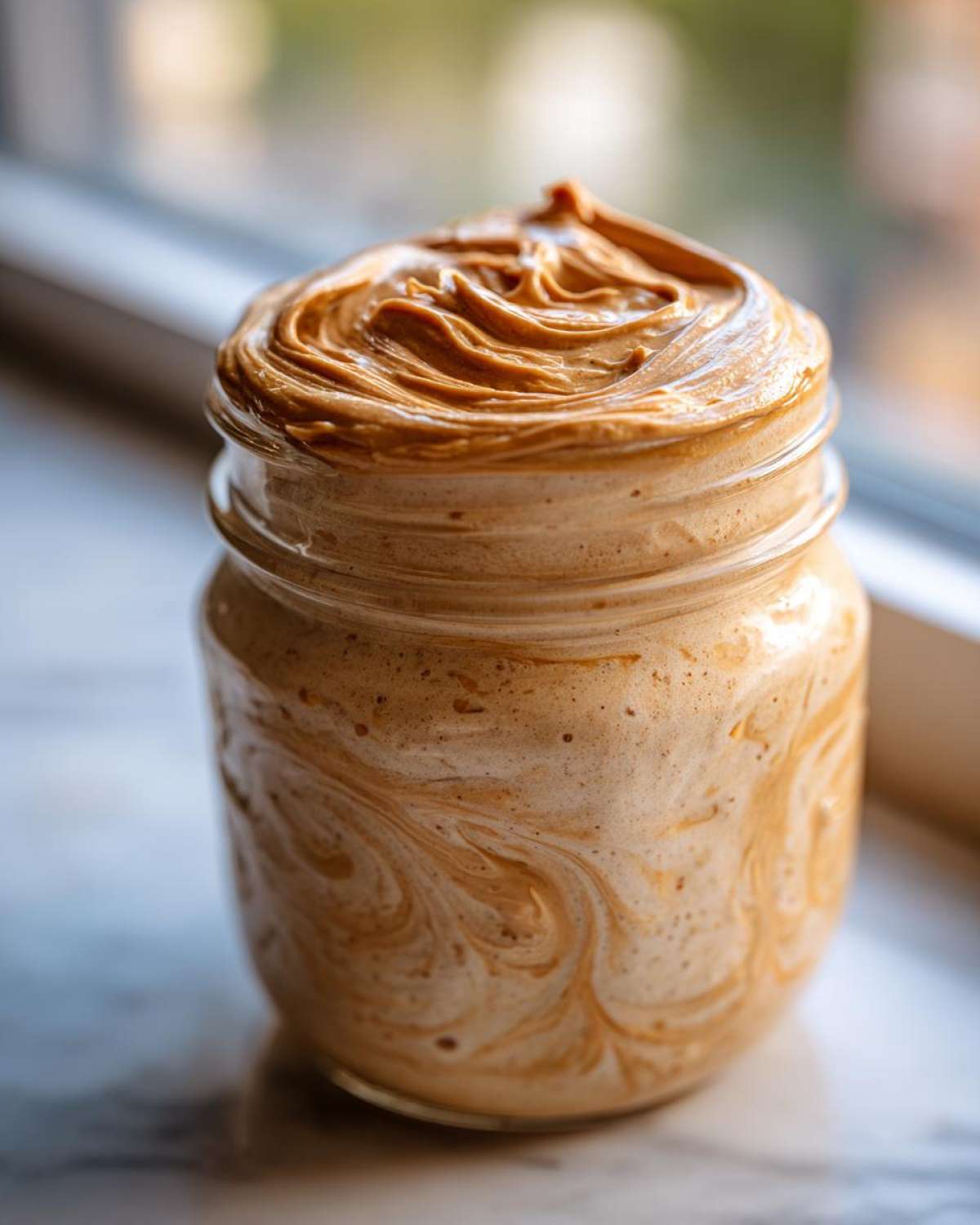 Close-up of a glass jar filled with Vegan Peanut Butter Banana Overnight Oats, featuring a dramatic swirl of peanut butter on top.