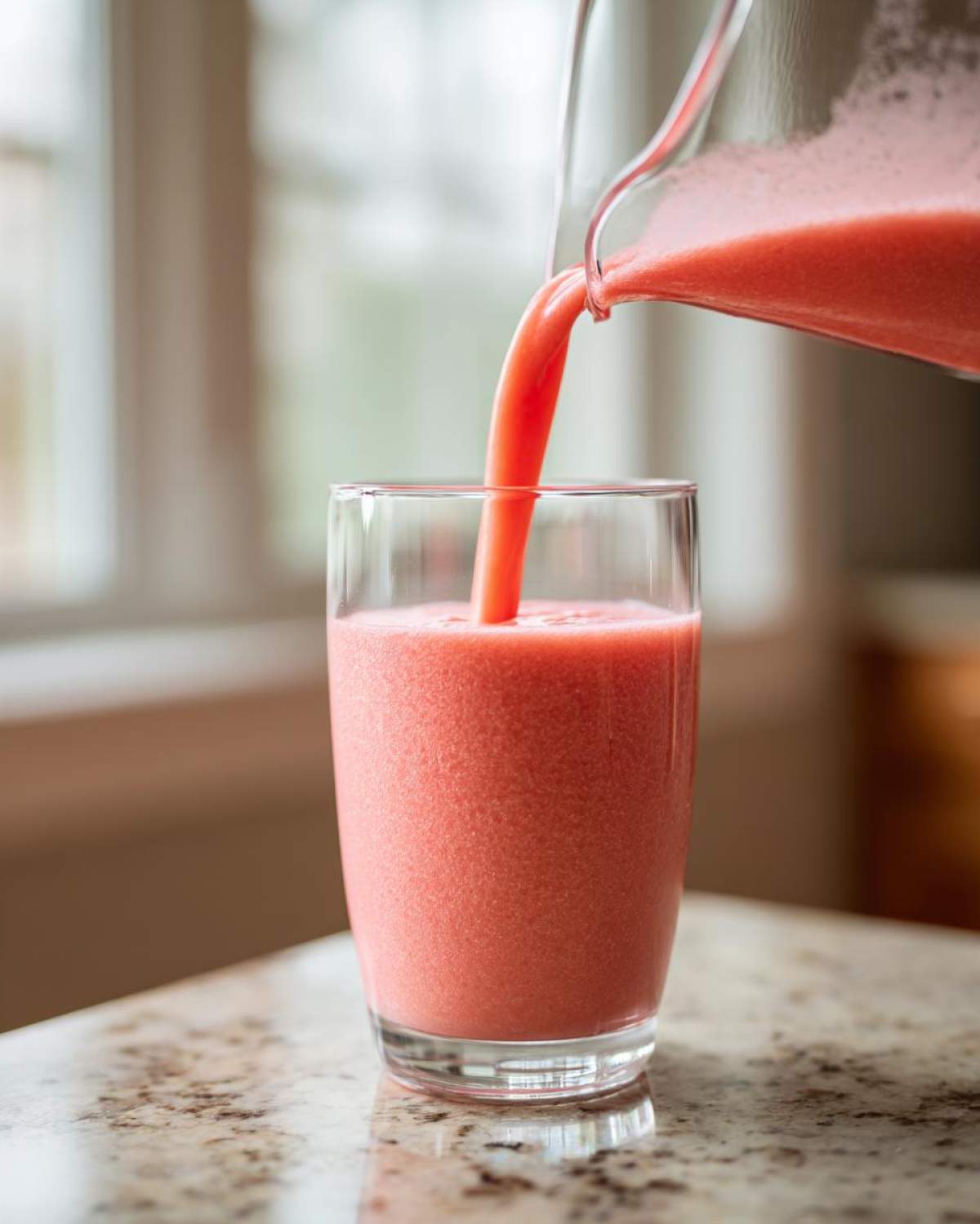 Close-up of a vibrant pink watermelon smoothie being poured from a glass pitcher into a tall glass.