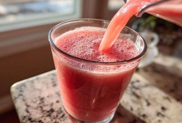 Close-up of a bright pink watermelon smoothie being poured from a blender pitcher into a glass.