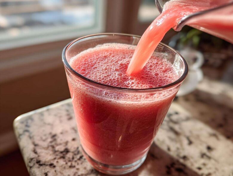 Close-up of a bright pink watermelon smoothie being poured from a blender pitcher into a glass.