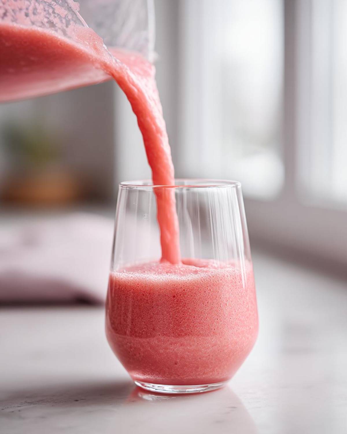 Close-up of a vibrant pink watermelon smoothie being poured from a blender pitcher into a clear glass.