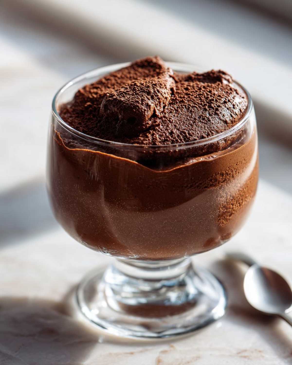 A close-up of rich, dark chocolate mousse topped with cocoa powder in a stemmed glass.
