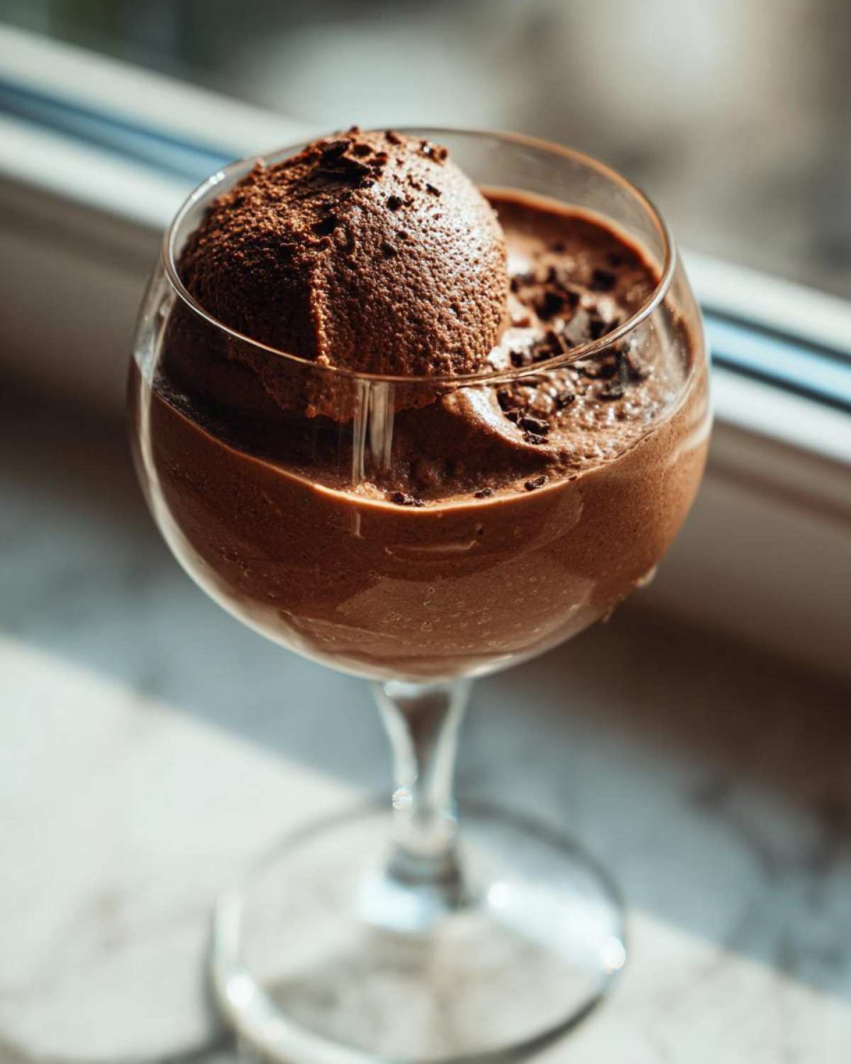 A serving of rich chocolate mousse topped with a scoop and chocolate shavings in a stemmed glass.