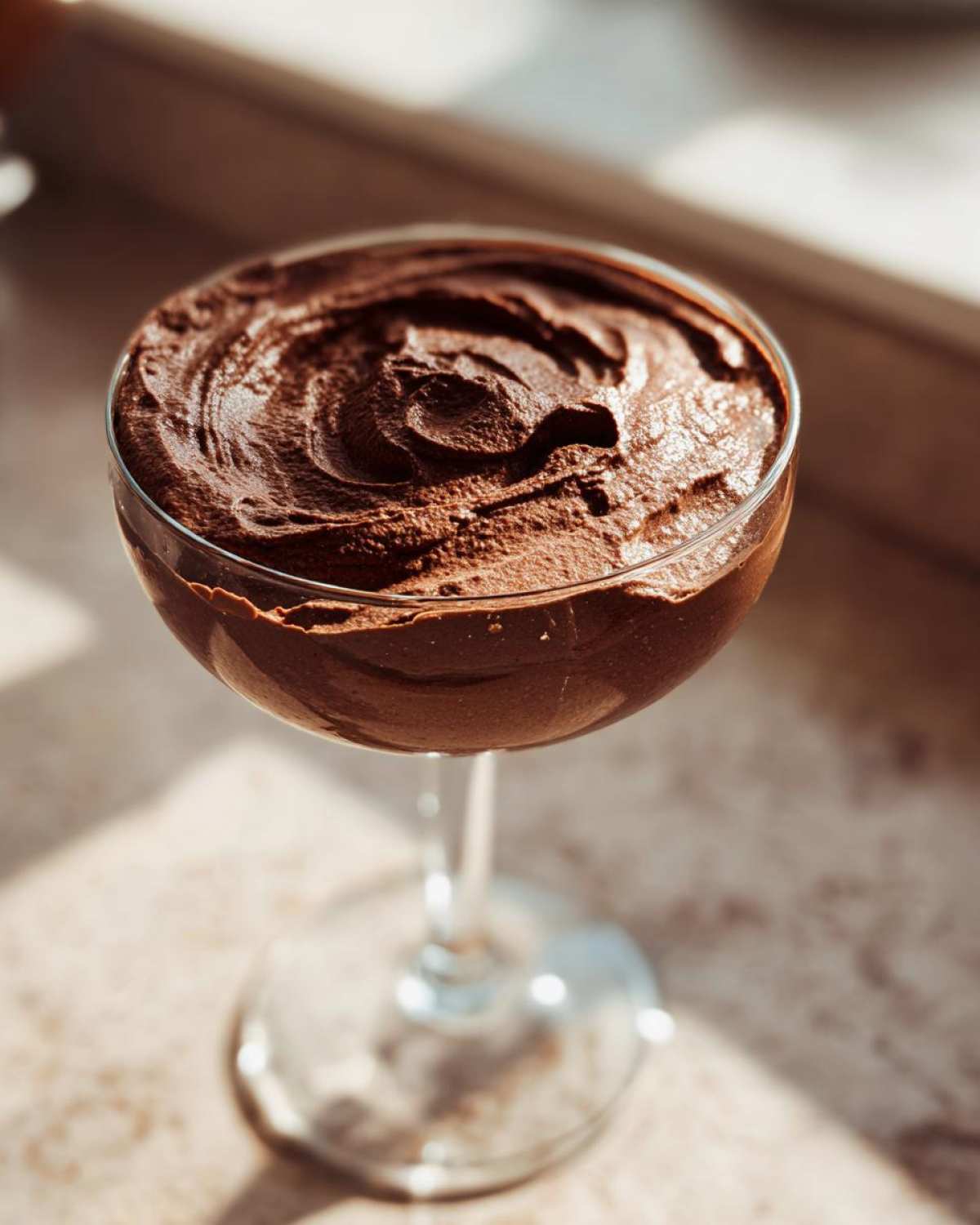 A close-up of rich, dark chocolate mousse swirled in a stemmed glass, catching sunlight.