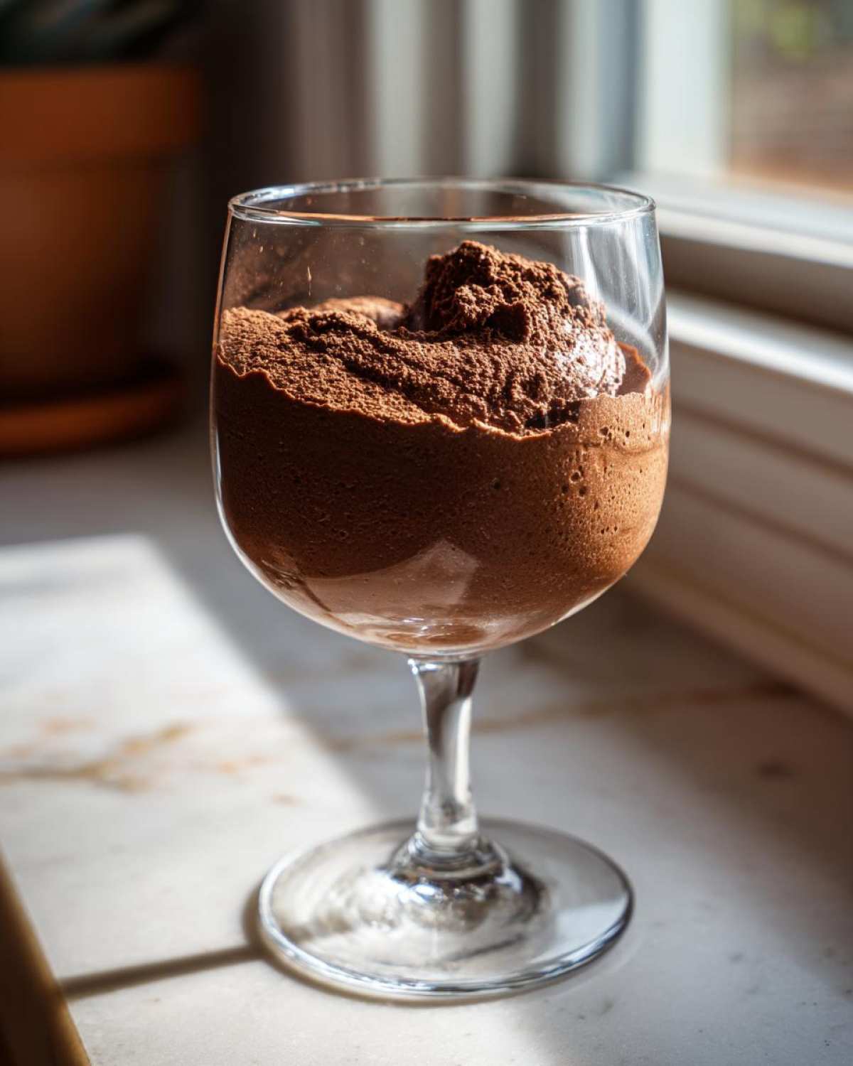 A serving of rich, dark chocolate mousse piled high in a clear stemmed glass.