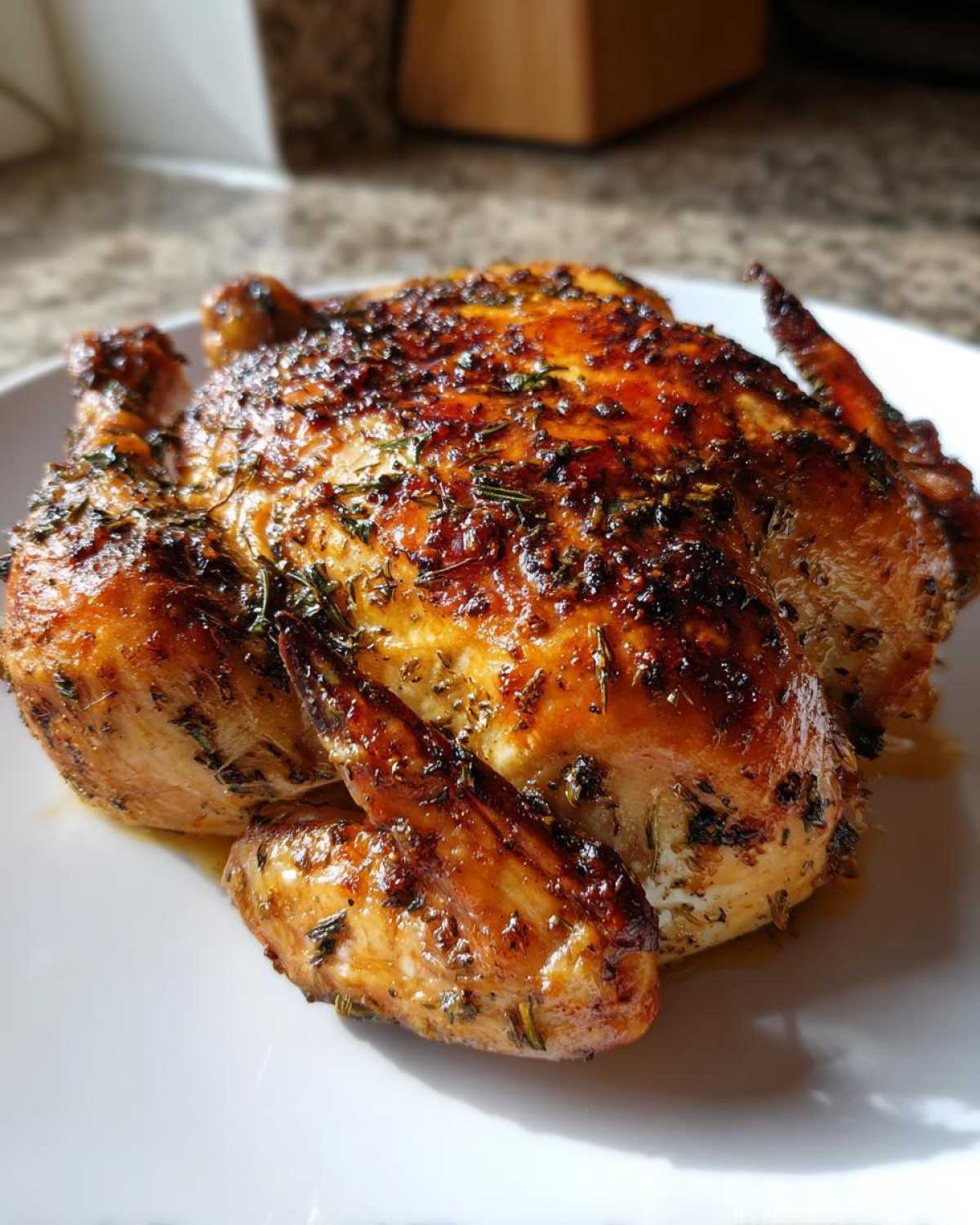 A beautifully roasted spatchcock chicken with crispy, herb-crusted skin resting on a white plate.