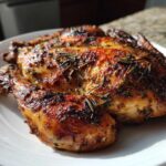 A beautifully roasted spatchcock chicken with crispy, seasoned skin and rosemary sprigs, resting on a white plate.