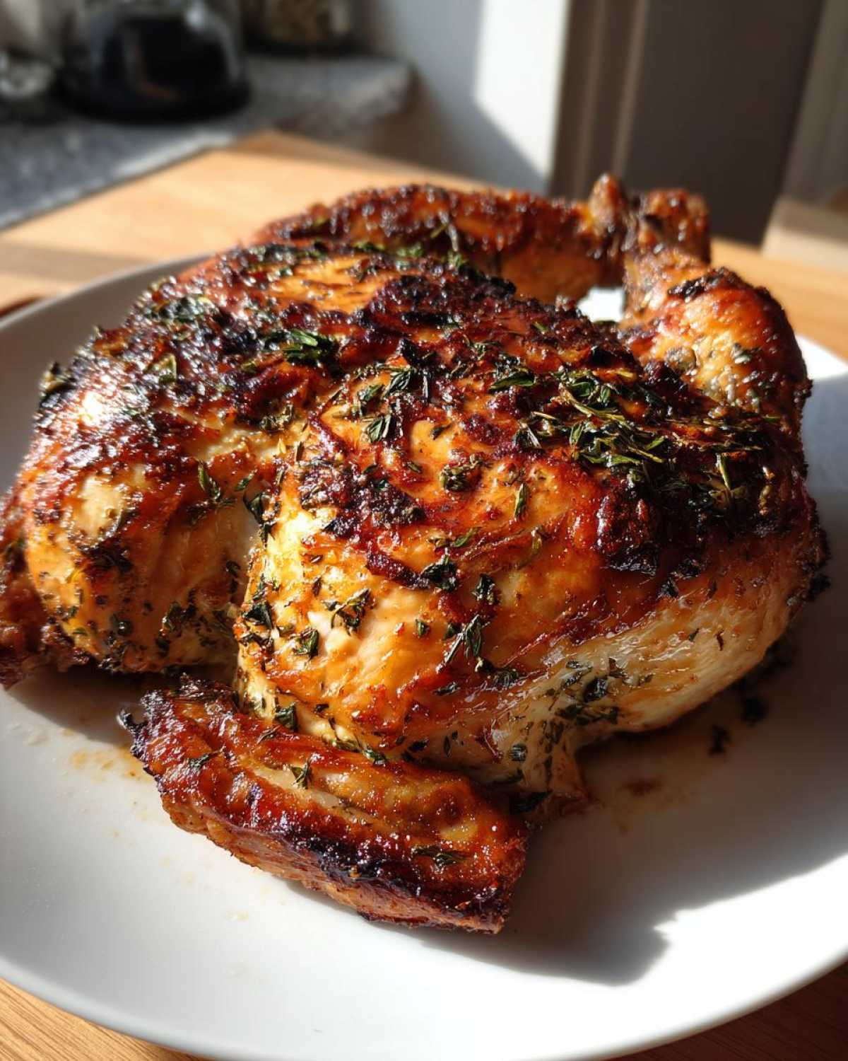 A beautifully roasted spatchcock chicken with crispy, golden-brown skin and herbs, resting on a white plate.
