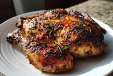 A beautifully roasted spatchcock chicken with crispy, seasoned skin and rosemary sprigs, resting on a white plate.