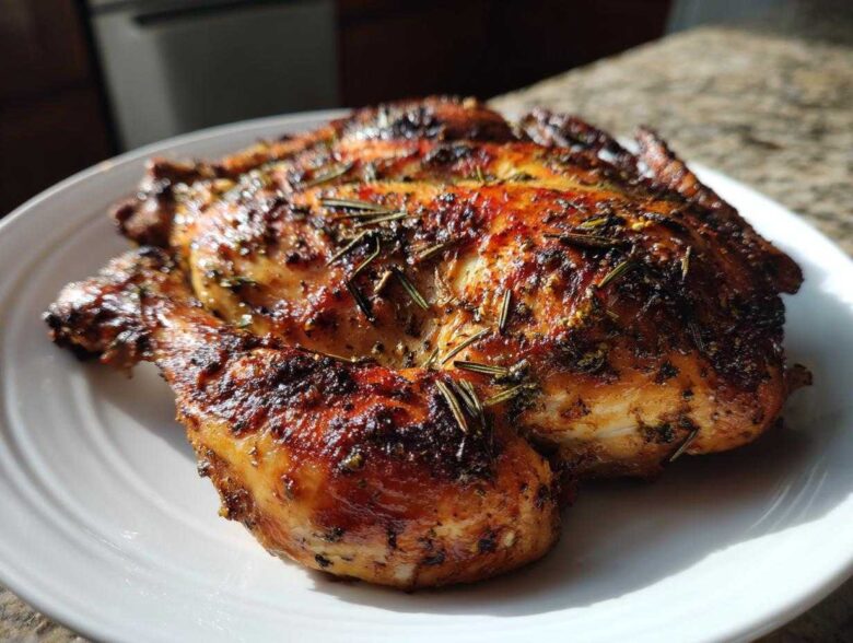 A beautifully roasted spatchcock chicken with crispy, seasoned skin and rosemary sprigs, resting on a white plate.