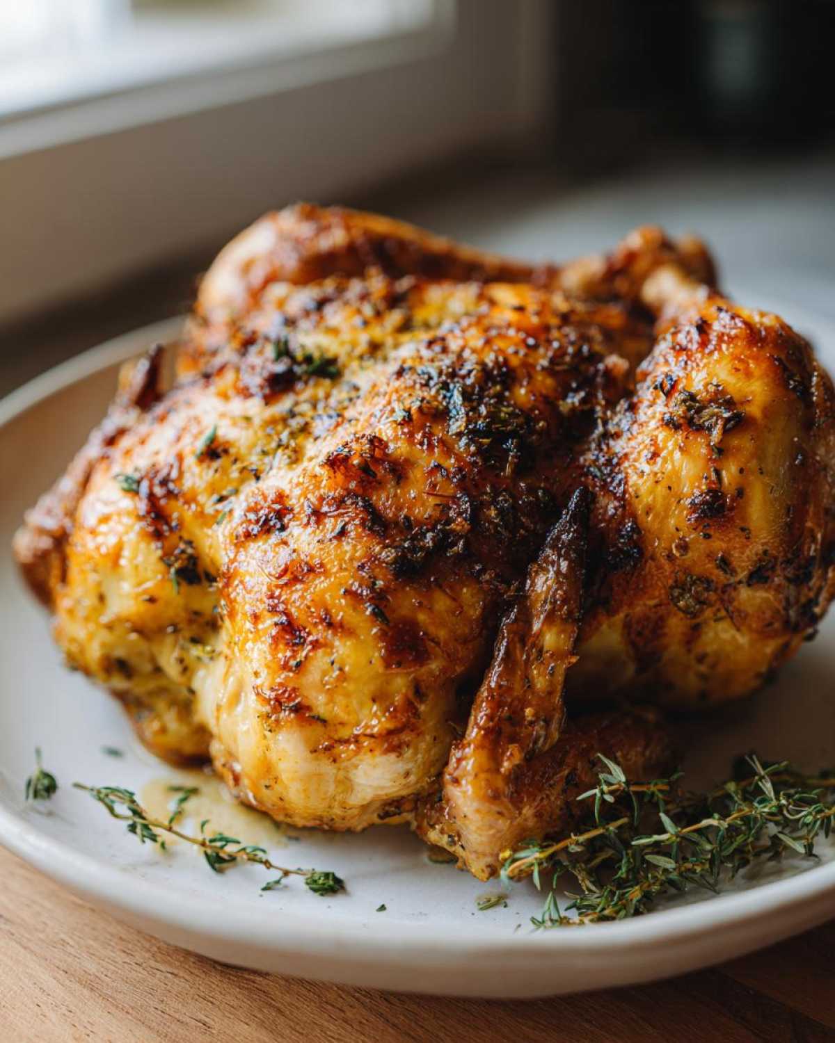 A close-up of a whole, perfectly roasted spatchcock chicken with golden, crispy skin, garnished with fresh thyme.