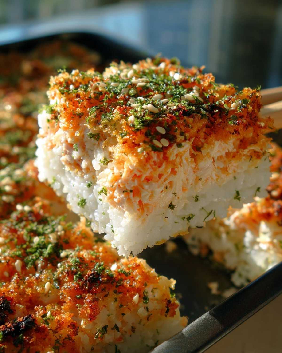 A piece of baked sushi being lifted out of the pan with chopsticks, showing crispy topping.